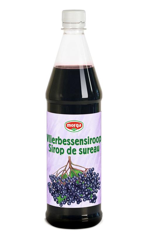 Morga Vlierbessensiroop 750ml bottle of elderberry syrup in a clear glass bottle with a label, used for drinks and syrups.