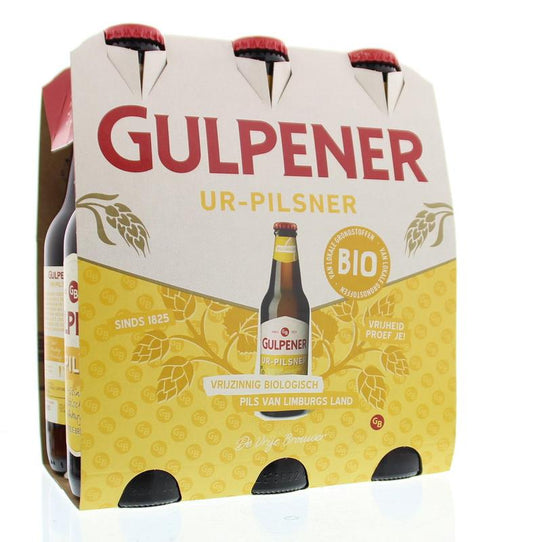 Six 300ml bottles of Gulpener Pilsner bio beer, featuring clear labels and golden color in a beverage image.