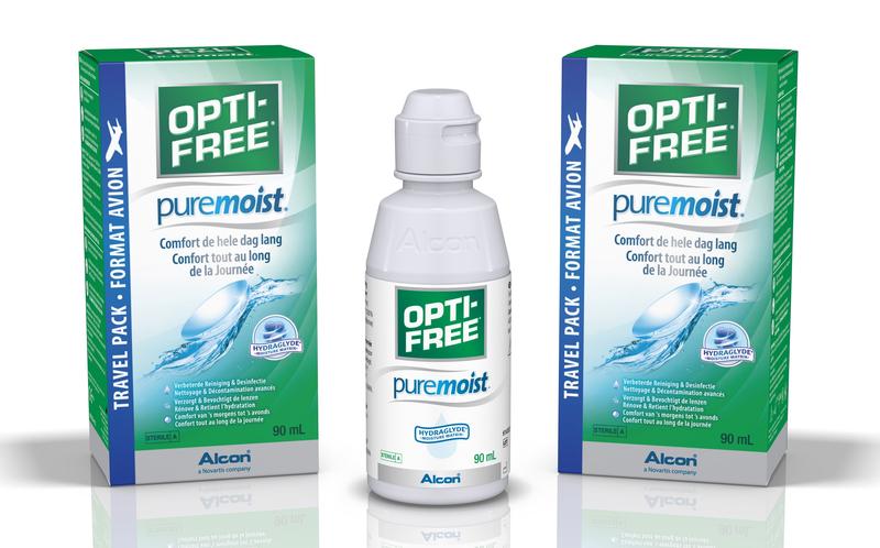 Optifree Puremoist MPDS contact lens solution bottle, 90ml, for eye care and lens hydration, with clear labeling and cap.