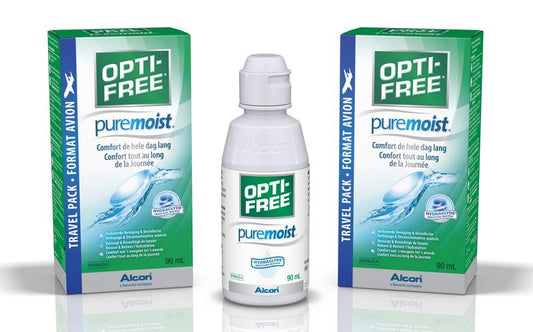 Optifree Puremoist MPDS contact lens solution bottle, 90ml, for eye care and lens hydration, with clear labeling and cap.