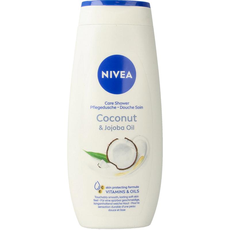 Nivea Coconut Shower Gel 250ml bottle, smooth and moisturizing body wash with coconut scent, for daily cleansing.