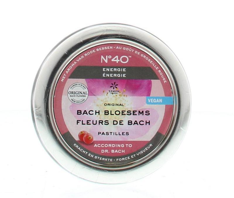 Bach Bloesem Bloesems pastille nr. 40 energie in 50g package, herbal preparation by Bach Bloesem, close-up of the product container