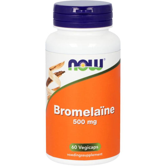 NOW Bromelain 500mg vegetarian capsules, herbal supplement, featuring gel capsules in a clear container with label.