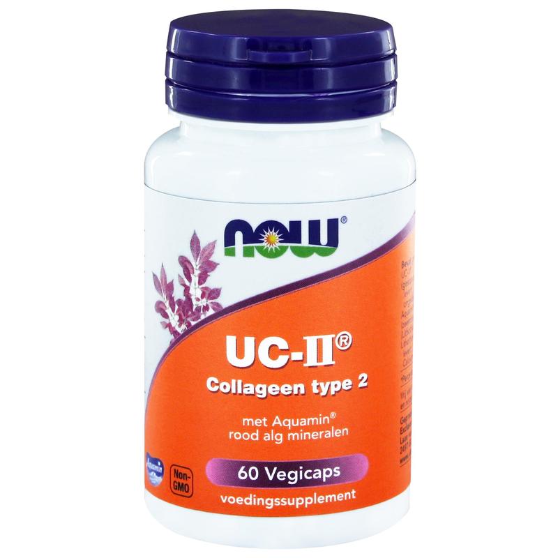 NOW UC-II Collagen Type 2 vegetarian capsules, dietary supplement in a clear bottle with capsules visible inside.