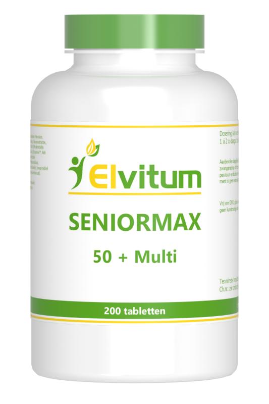 Elvitum Seniormax 50+ multivitamin tablets in a blister pack, designed for seniors' nutritional support.