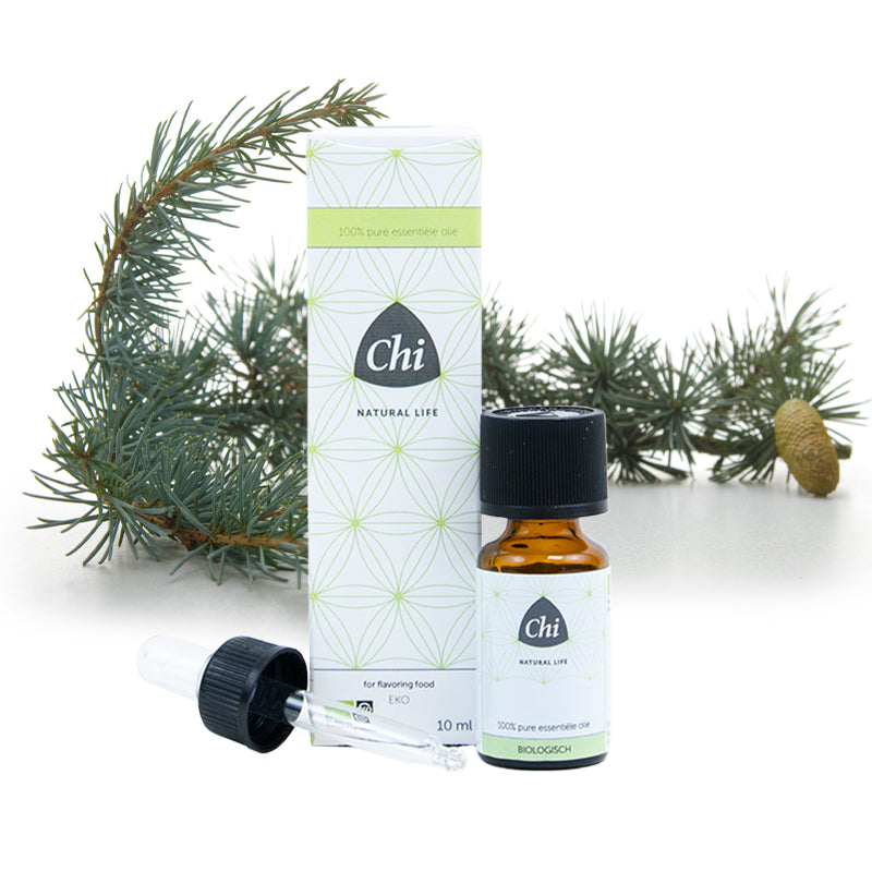 Chi Cedar Atlas bio essential oil bottle, 10ml, showing the amber glass container with the product label.
