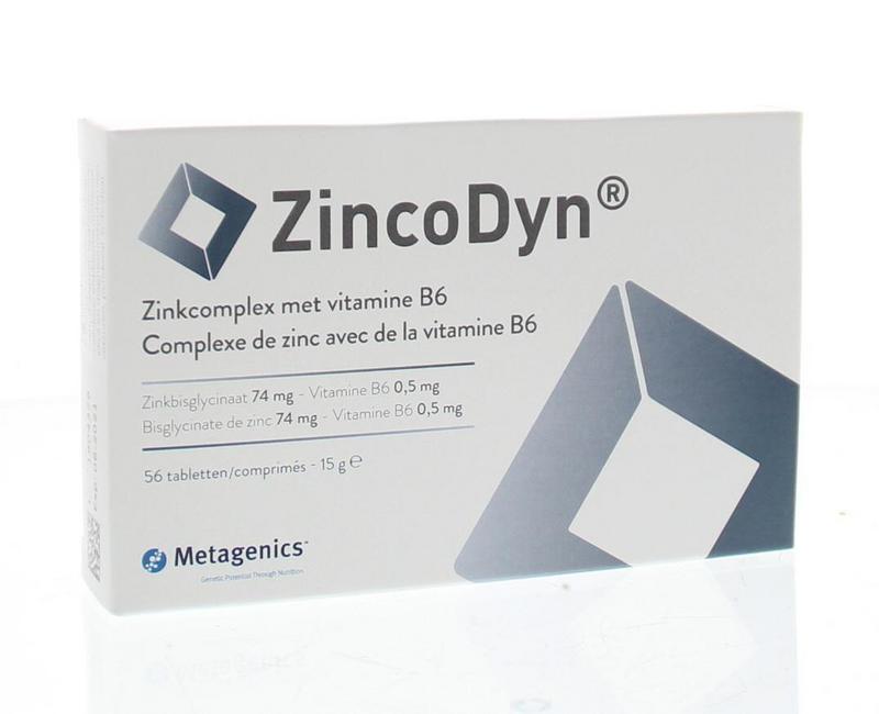 Metagenics Zincodyn mineral supplement tablets, showing a bottle of Zincodyn 56.00 tablets for immune support and mineral health.