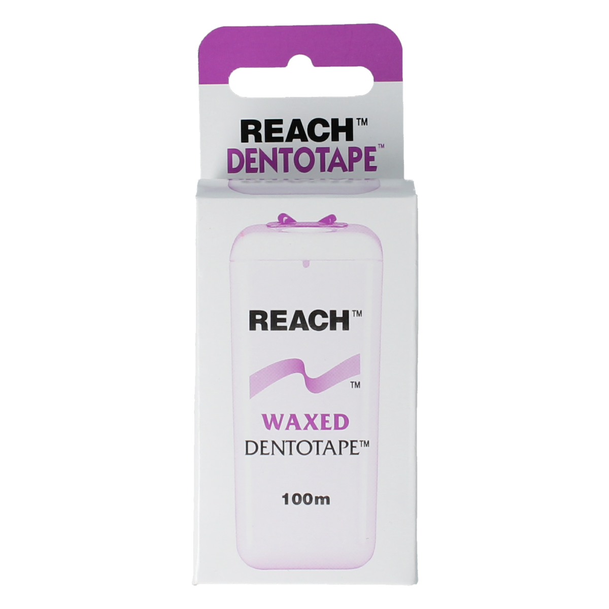 Reach Dentotape waxed dental floss, 100-meter pack, ideal for oral hygiene and dental cleaning.