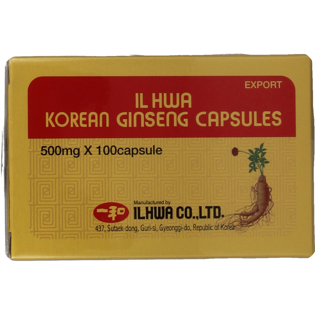 Ilhwa Korean ginseng capsules, herbal supplement in a bottle, containing 100 capsules for natural health support.