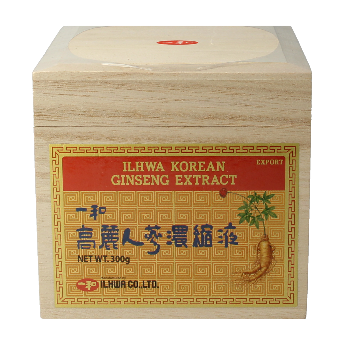 Ilhwa Ginseng extract in 300g container, herbal supplement from Kruidenpreparaten, showing the product label and packaging.