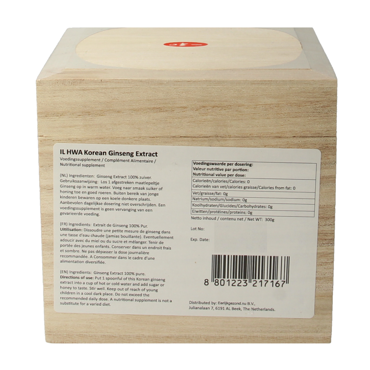 Ilhwa Ginseng extract 300g in a clear jar, herbal supplement from Ilhwa, featuring fresh ginseng roots and herbal packaging.