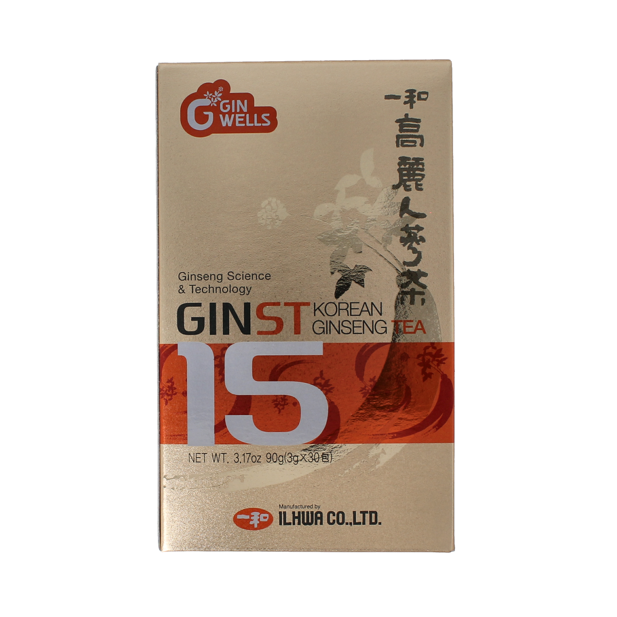 Ilhwa Ginst15 Korean ginseng tea packets, herbal supplement, 30 sachets, natural ginseng flavor, herbal preparation.