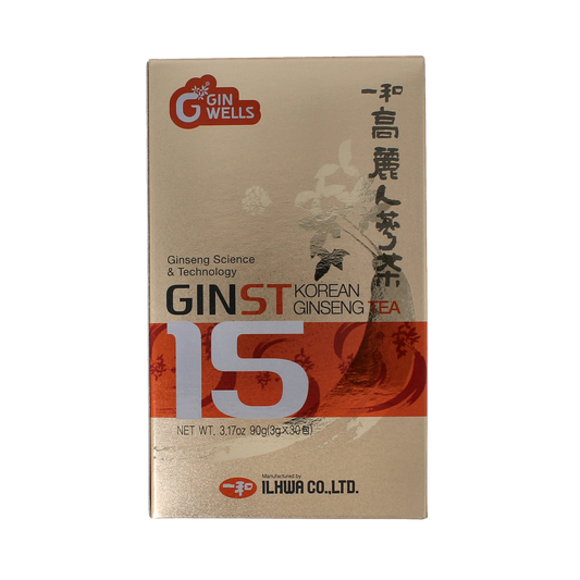 Ilhwa Ginst15 Korean ginseng tea packets, herbal supplement, 30 sachets, natural ginseng flavor, herbal preparation.
