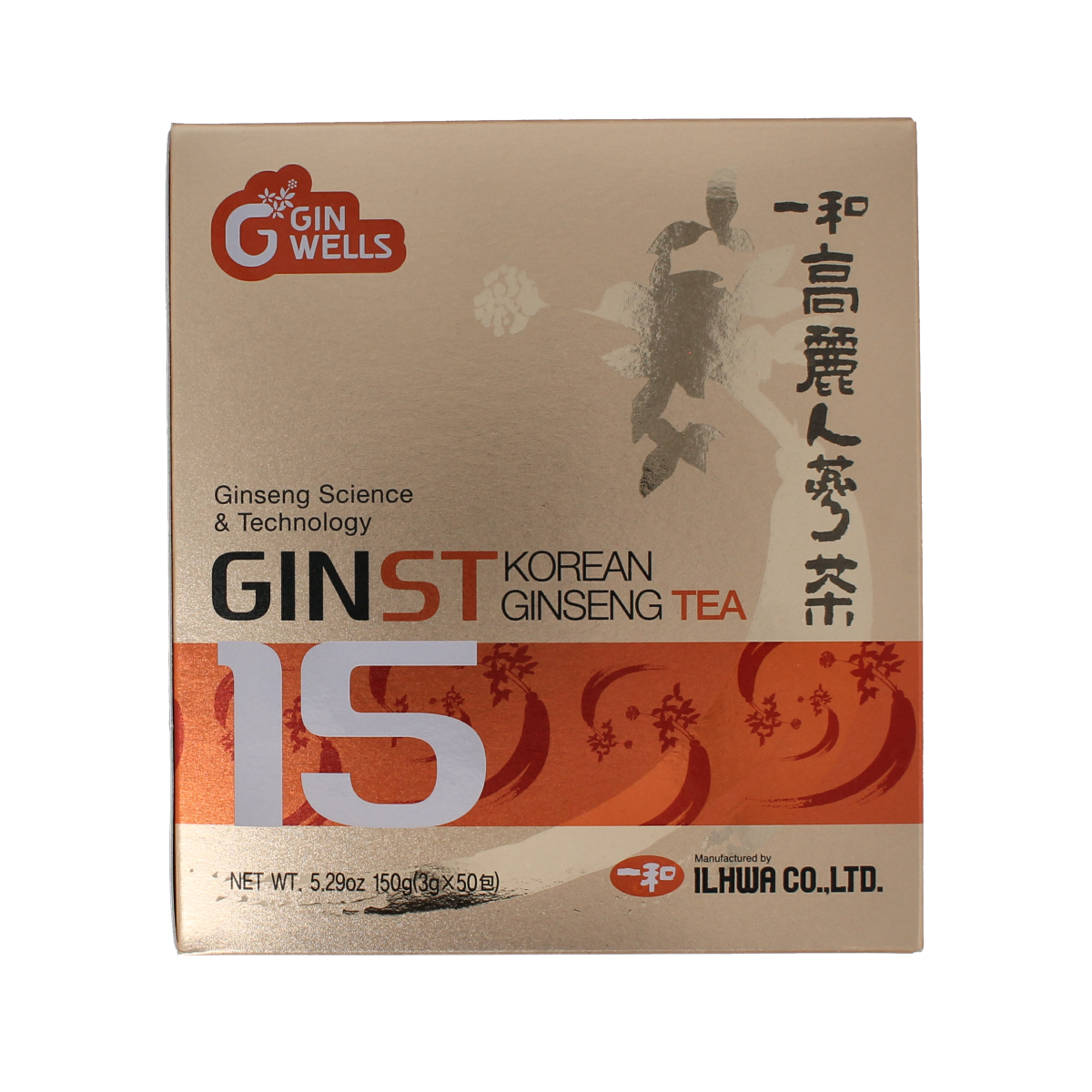Ilhwa Ginst15 Korean ginseng tea in 50 tea bags, herbal supplement packaging with ginseng root images and branding.