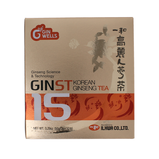 Ilhwa Ginst15 Korean ginseng tea in 50 tea bags, herbal supplement packaging with ginseng root images and branding.