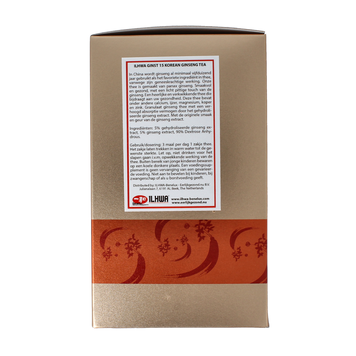 Ilhwa Ginst15 Korean ginseng tea in 50 tea bags, herbal supplement from Ilhwa, displayed in a box with tea bags visible