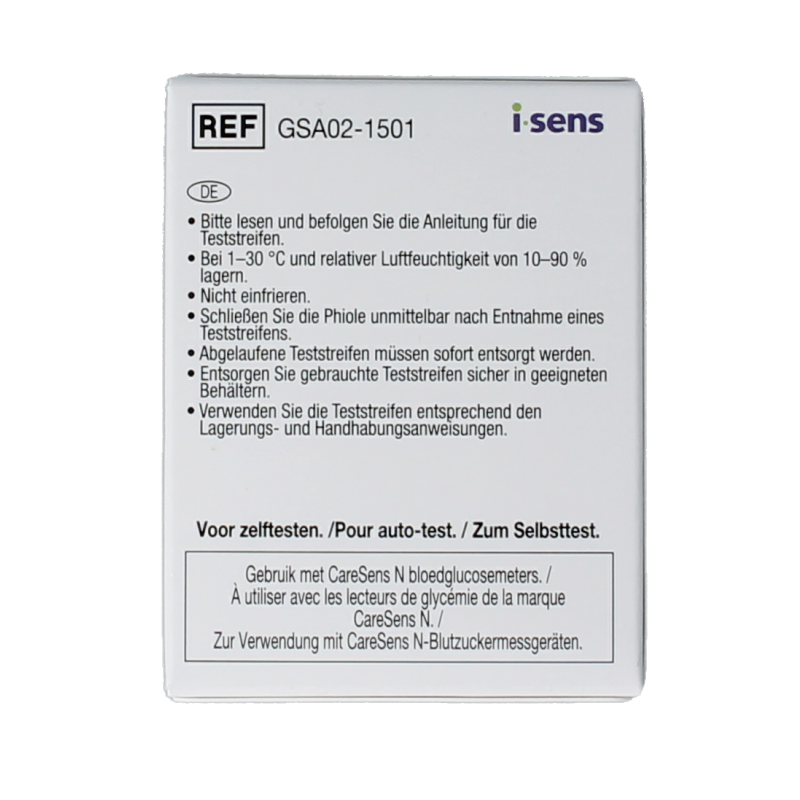 Caresens N glucose test strips for blood sugar testing, 50-pack, with packaging and strips visible in the image.