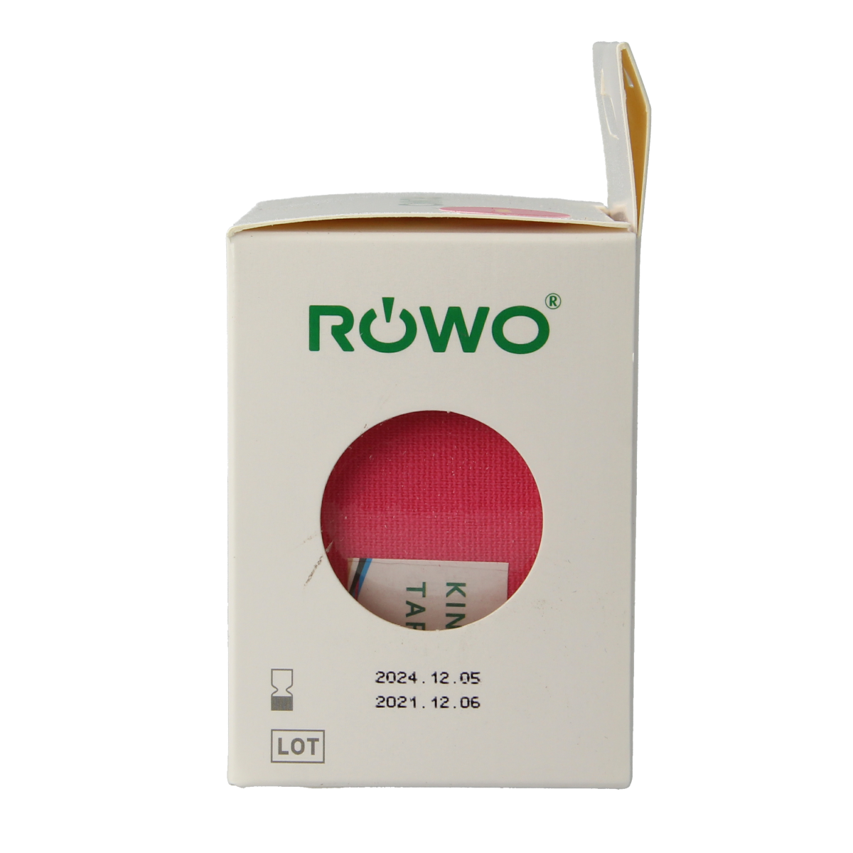 Pink Rowo Kinesiotape 5cm x 5m roll for muscle support and taping therapy, shown unrolled on a white background.