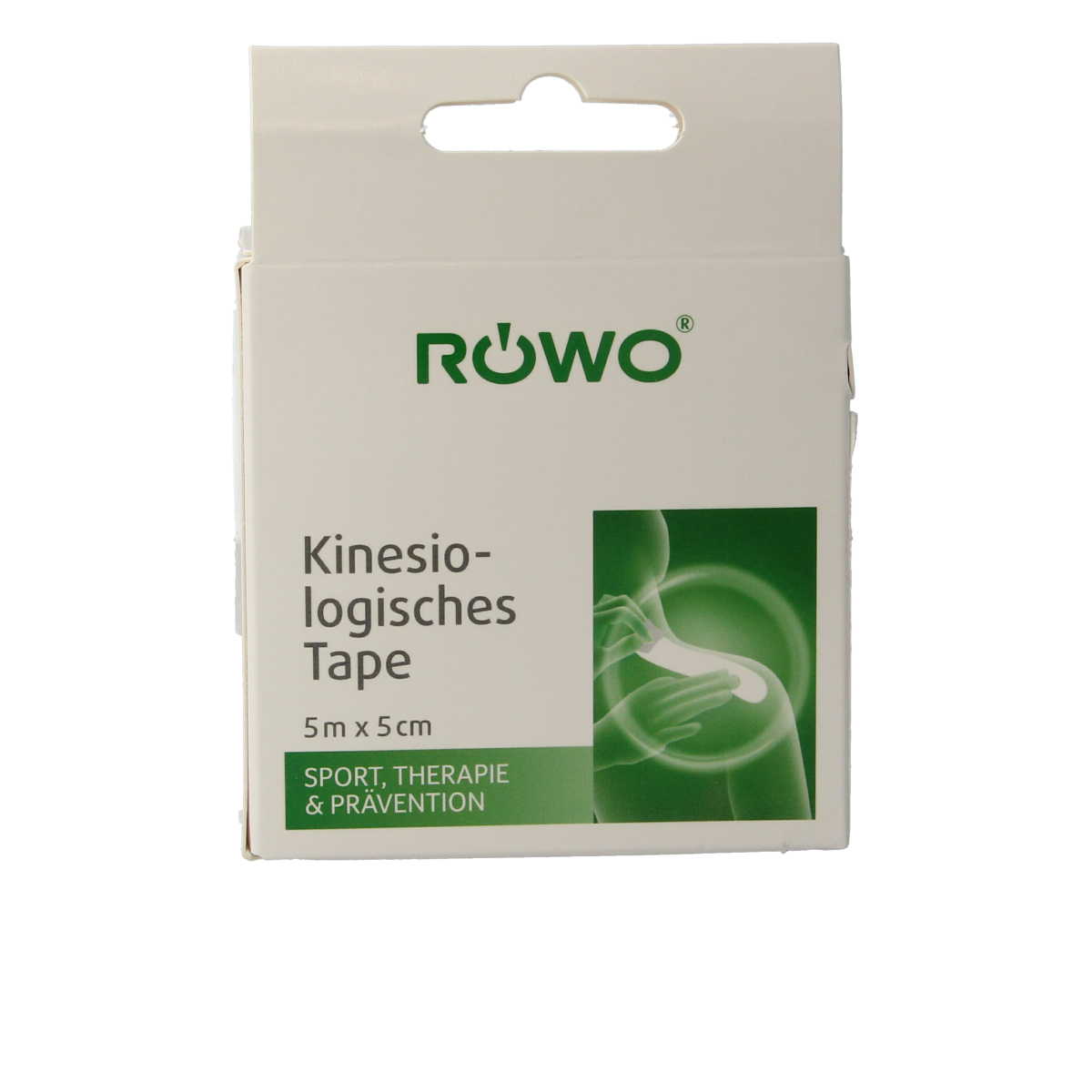 Beige Rowo kinesiotape 5cm x 5m sport tape, flexible and adhesive, used for muscle support and injury prevention.