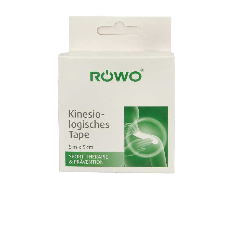 Rowo kinesiotape zwart 5cmx5m sporttape for muscle support and injury prevention, showcasing the black tape rolled out.
