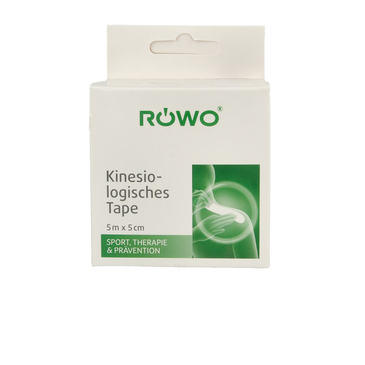 Rowo kinesiotape zwart 5cmx5m sporttape for muscle support and injury prevention, showcasing the black tape rolled out.