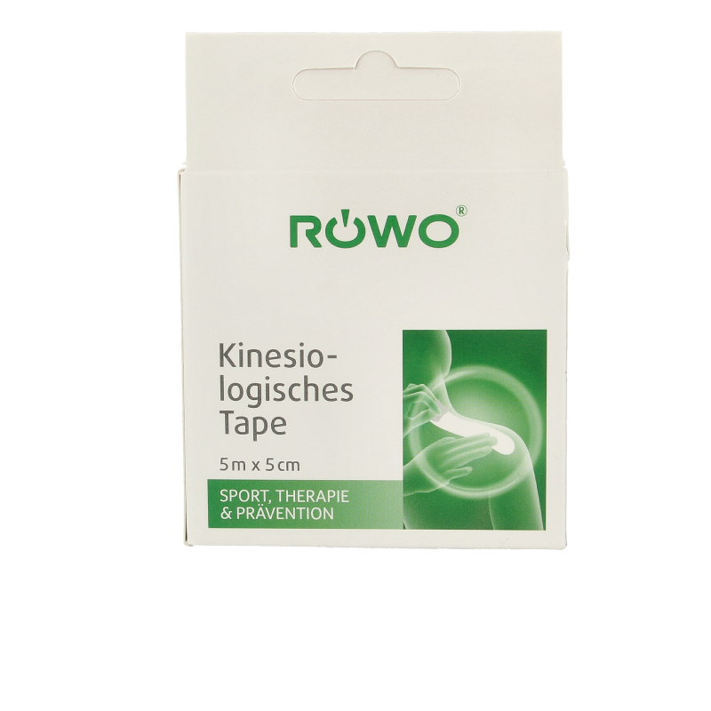 Black Rowo Kinesiotape sport tape, 5cm x 5m roll, designed for muscle support and sports injury prevention.