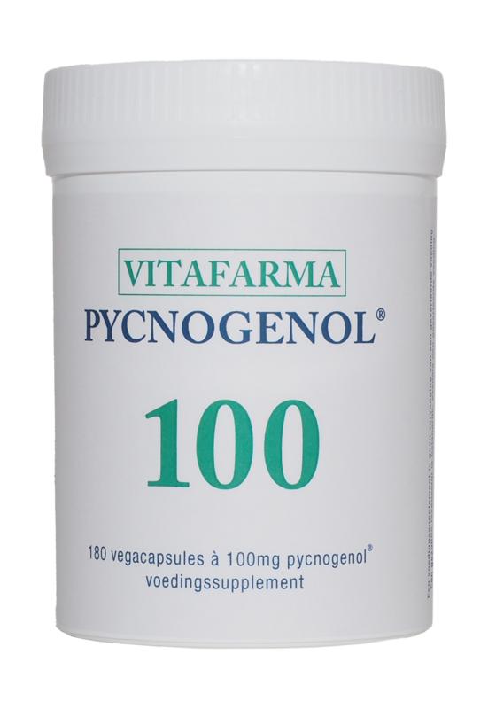 VitaFarma Pycnogenol 100 herbal capsules, 180 vegetarian supplement pills, with plant-based ingredients in a clear bottle.