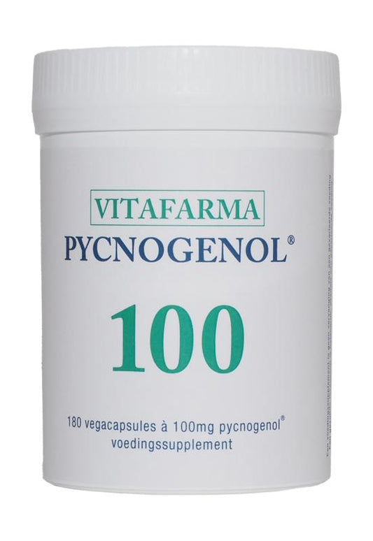 VitaFarma Pycnogenol 100 herbal capsules, 180 vegetarian supplement pills, with plant-based ingredients in a clear bottle.