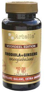 Artelle Rhodiola ginseng energiebalans in 75 vegetarian capsules, herbal supplement with root extracts for energy and balance.
