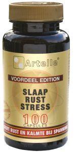 Artelle Slaap Rust Stress herbal supplement capsules, showing the bottle and capsules in a natural setting for relaxation and stress relief.