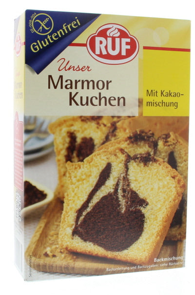 RUF Cakemix marmer glutenvrij in 430g package, natural marble cake baking mix from RUF, showing the colorful, textured mix.