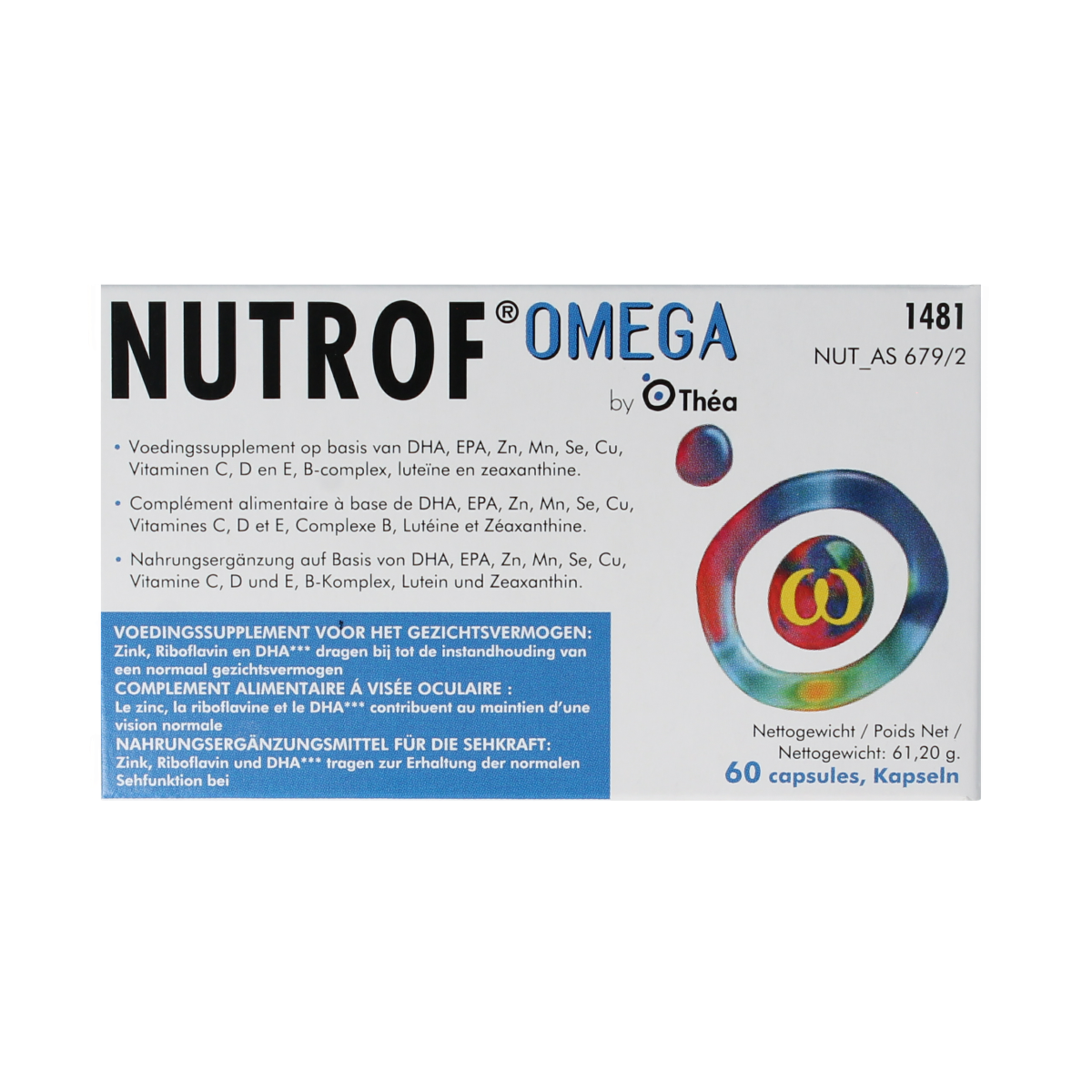 Vetzuren Nutrof Omega capsules, 60-count, dietary supplement for eye and brain health, in a clear plastic bottle.