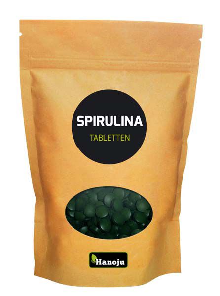 Hanoju Spirulina 400mg premium tablets in a jar, dietary supplement for health and energy, natural herbal product.