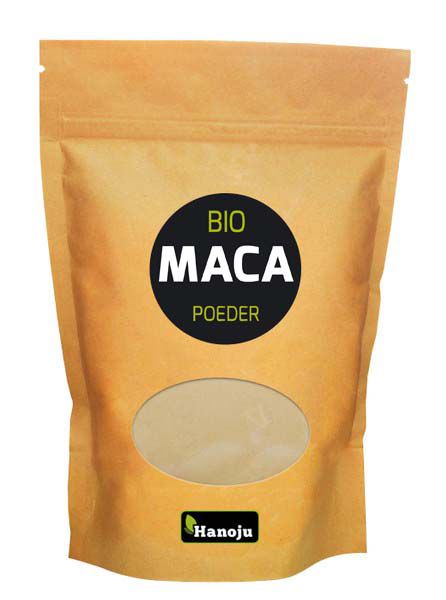 Organic Hanoju Bio maca powder in 250 grams, showing a close-up of the powder in a natural setting.