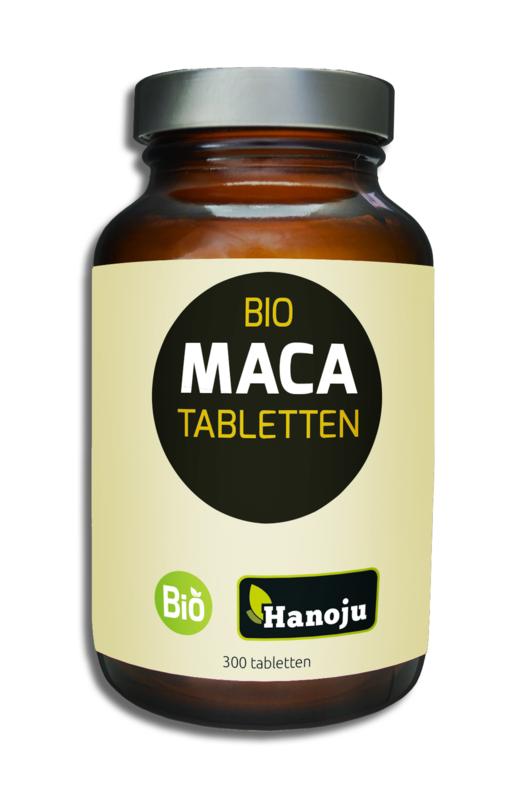Hanoju Bio Maca tablets, herbal supplement in a bottle, showing a close-up of the 300 tablets container for natural energy support.