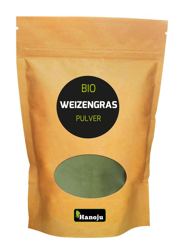 Hanoju Tarwegras poeder bio in 500g package, organic wheatgrass powder in a resealable bag, fresh and vibrant green.