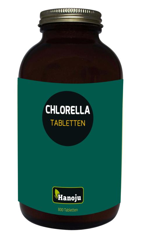 Hanoju Bio chlorella tablets in glass bottle, 800-piece, natural herbal supplement, green algae tablets for health.