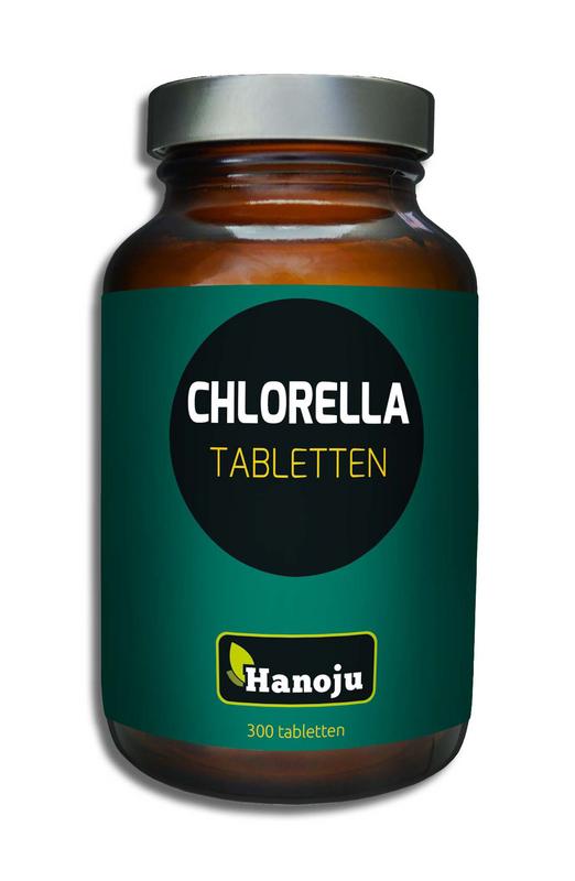 Hanoju Chlorella tablets in a pet flask container, 300 herbal supplement tablets for health and wellness.