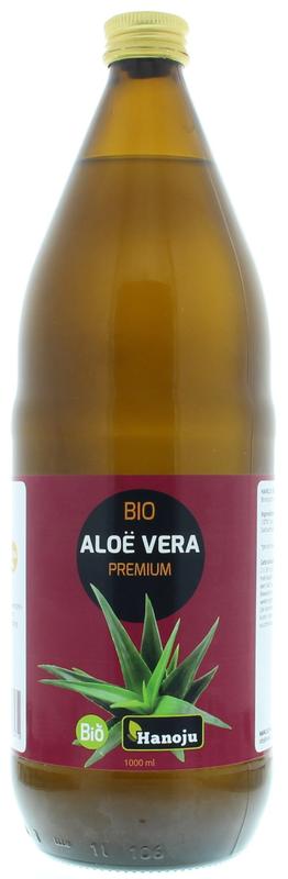 Hanoju Bio Aloe Vera Sap in a 1-liter bottle, organic herbal preparation with fresh aloe vera leaves and clear liquid inside.