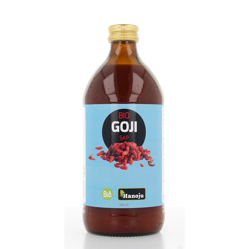 Hanoju Goji premium 100% organic juice in a 500ml glass bottle, showcasing vibrant red goji berries and clear liquid.
