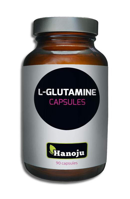 Hanoju L-Glutamine vegetarian capsules, dietary amino acids supplement in clear bottle with white cap, close-up view.