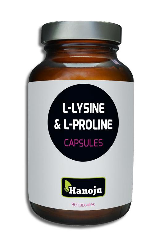 Hanoju L-Lysine & L-Prolin vegetarian amino acid capsules in a bottle with label showing product details.