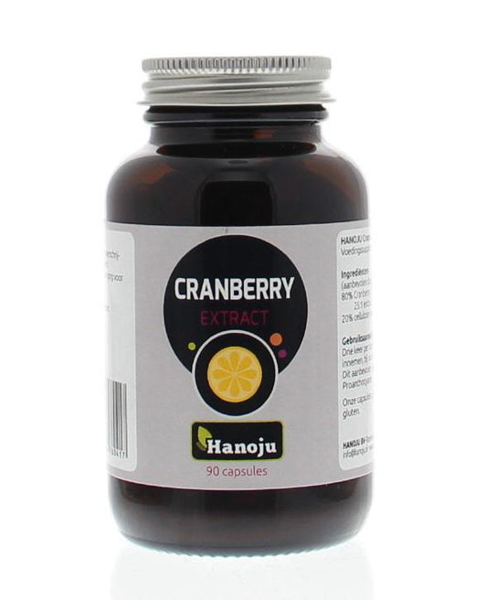 Hanoju Cranberry 400mg herbal capsules, 90 vegetarian supplement capsules for urinary health, shown in the image.
