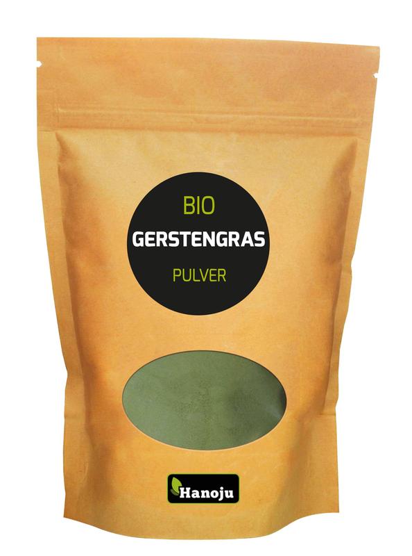 Hanoju organic ground barley grass in paper bag, 500 grams, herbal supplement product for health and wellness.