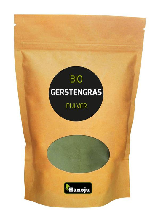 Hanoju organic ground barley grass in paper bag, 250 grams, herbal supplement for health and wellness.