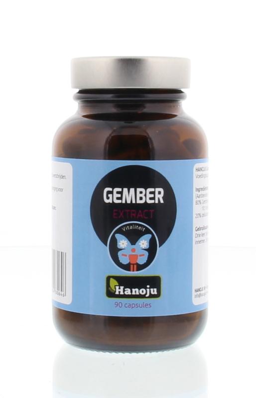 Hanoju Gember extract in 90 vegetarian capsules, herbal supplement with fresh ginger flavor and natural ingredients.