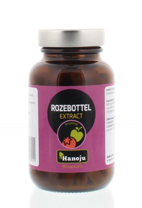 Hanoju Rozenbottel extract capsules with 45% vitamin C, 500mg, in a bottle of 90 herbal supplement capsules.