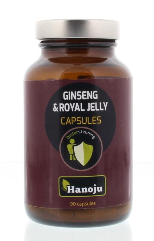 Hanoju Royal Jelly Ginseng vegetarian capsules in a clear container, with a label showing product name and brand.