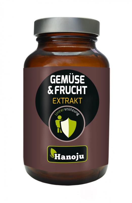 Hanoju groente en fruit extract capsules, 90 vegetarian herbal supplement capsules in a blister pack.