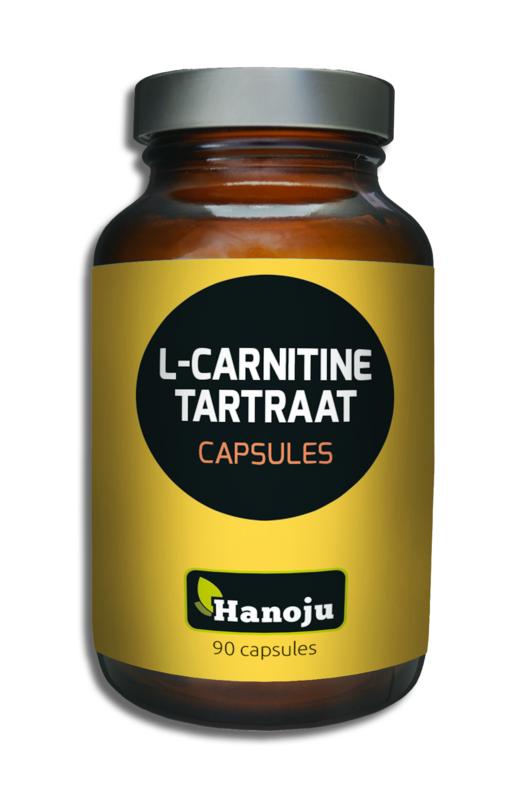 Hanoju L-Carnitine & L-Tartrate vegetarian capsules, amino acids supplement, in a clear bottle with capsules visible inside.